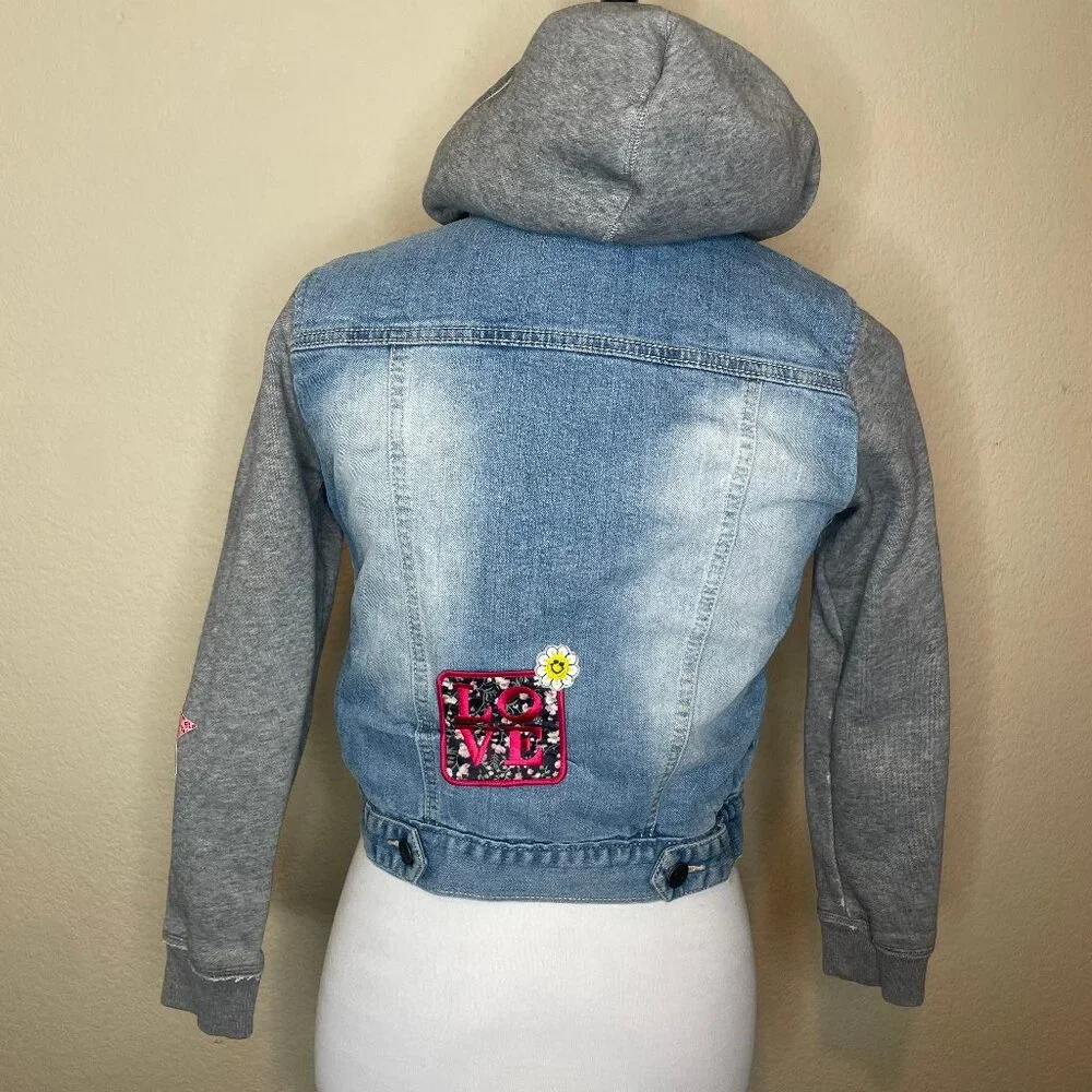 Vigoss Girls Hooded Denim Jacket Size 10 Patches Sherpa Lined Mixed Media